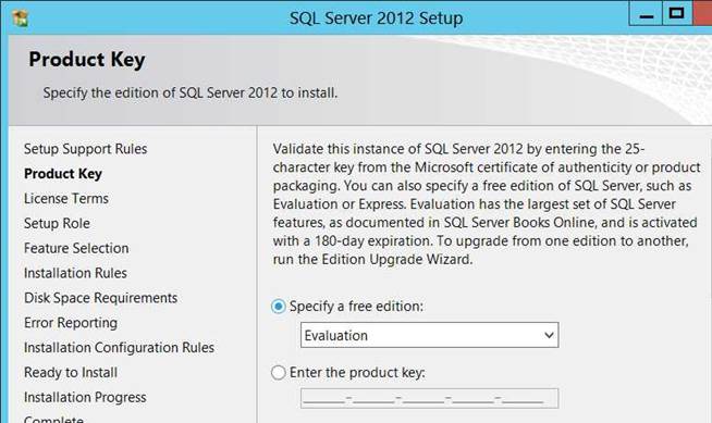 huong dan cai dat SQL server 2012 - Product Key