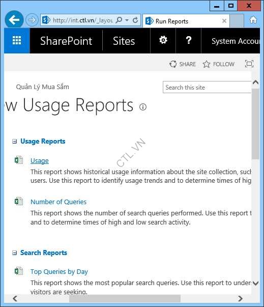 xem báo cáo của sharepoint server 2016